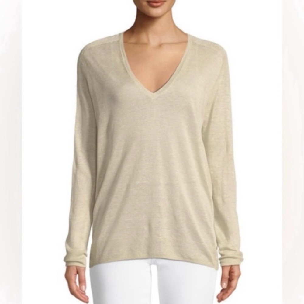 Theory Adrianna Sag Harbor Sweater  Linen V-neck Knit Tan Sz S NWOT Retails $265